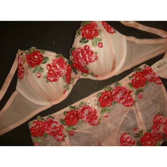 Victoria's secret 32B,34B,34D,34DD BRA SET+garter+panty Embroidered Roses Pink - Picture 4 of 9